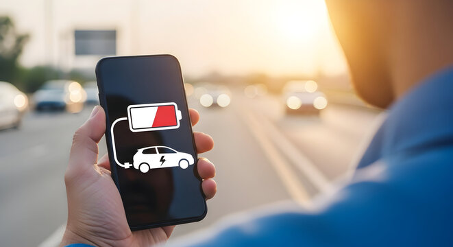 Man holds smartphone displaying low battery icon for electric car charging on a highway with blurred cars showcasing electric vehicle technology and battery life concerns during travel