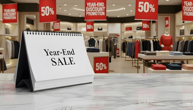Promotional year end sale banner placed on marble table in retail outlet setting