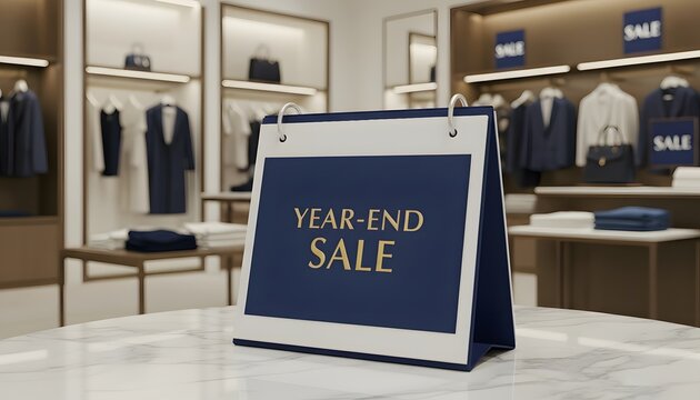 Marble table in outlet room holding year end sale banner with visible discount promotion