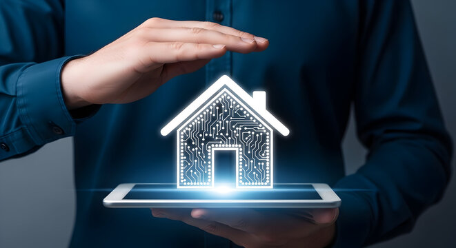 Man holding a tablet displaying a digital house with circuit board design representing smart home technology and home automation showcasing innovation in property and real estate tech