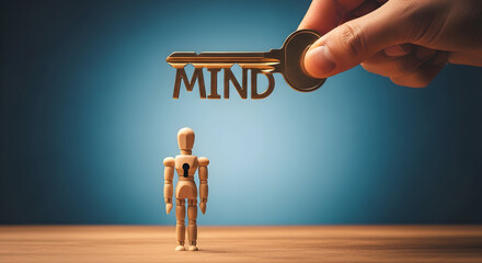 Key to mind concept featuring a wooden mannequin with a keyhole and a hand holding a golden key with the word "mind" cut out symbolizing unlocking potential and mental health awareness