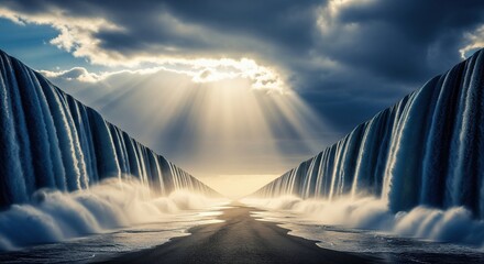 Biblical Scene of Parting the Red Sea with Divine Light from Heaven. Dramatic Religious Concept of Exodus and Miracle.