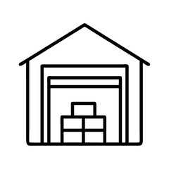 Simple line art icon of a warehouse building with boxes inside and an open garage door