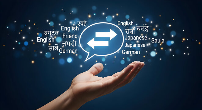Hand presents translation concept with languages like English Japanese and German showcasing global communication and multilingual services in a modern digital and interconnected world