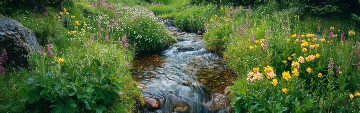 A small stream meanders through a lush green forest, surrounded by blooming wildflowers under bright sunlight. The rhythmic sound of flowing water enhances the serene atmosphere - Powered by Adobe