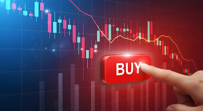 Finger presses a buy button on a stock market chart with a downward trend indicating a strategic investment opportunity during a market dip for potential financial gains