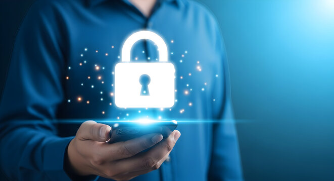 Man holds smartphone with digital padlock representing cybersecurity data protection and online safety in a modern technological world with secure mobile access and encryption