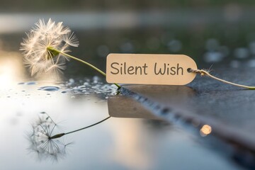 Dandelion seed and label reflecting on water surface