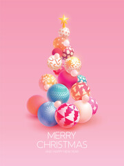 3D Christmas tree made of colorful shiny balls. Christmas and happy new year greeting card design.