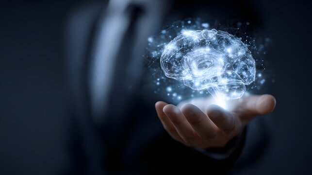 Businessman holding glowing brain hologram, representing artificial intelligence and innovative thinking.
