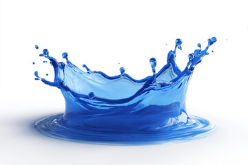 A vibrant blue liquid forms an energetic crown splash with dynamic ripples and droplets against a pure white background showcasing fluidity and motion