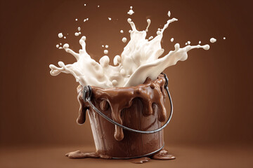 White milk splashes dramatically from a wooden bucket overflowing with rich melted chocolate creating an exciting dynamic scene