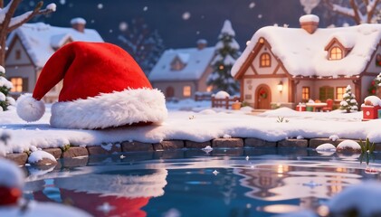 Santa's Hat Resting by a Snowy Winter Village Pond