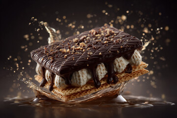 Fototapeta premium Rich chocolate marshmallow dessert on crisp crackers with nutty sprinkles makes a delicious splash