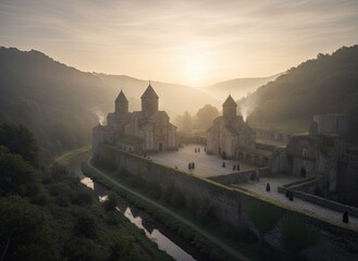 Ancient stone abbey ruins nestled in a misty valley at sunrise casting golden light over historic architecture and surrounding green hills with a calm river nearby