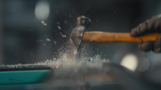 Hammer Striking Glass with Shards Flying in Workshop