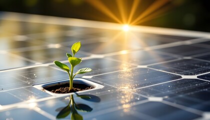 Solar energy growth seedling on solar panel nature close-up morning light sustainability concept