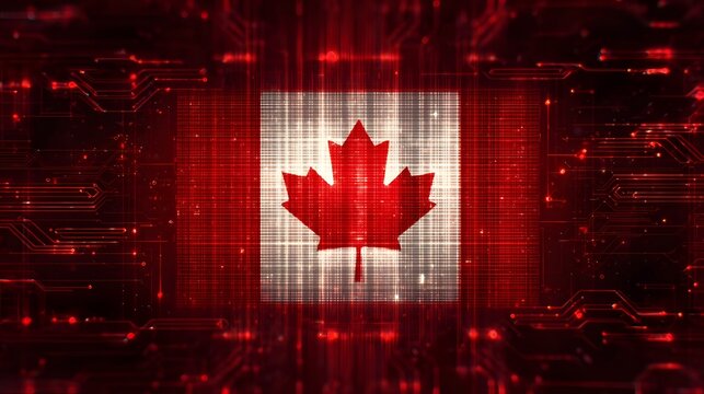 Canadian Flag with Digital Glitch Effect and Red Circuit Board Background.