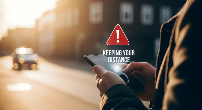 Person uses a smartphone with a "keeping your distance" message and a warning sign overlay promoting safe practices and social distancing in a sunny outdoor environment with a blurred car in the backg