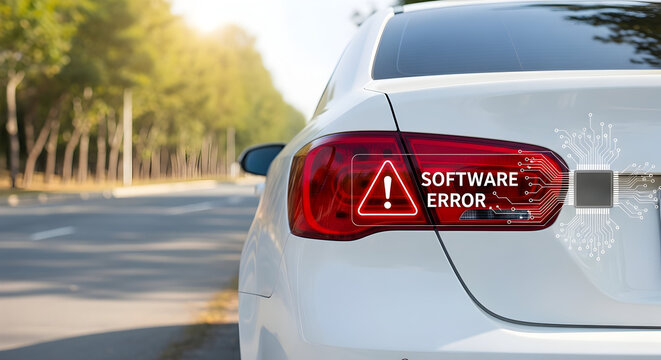 Car's taillight displays a software error message with a warning sign and a chip graphic indicating a potential malfunction in the vehicle's electronic system on a sunny road