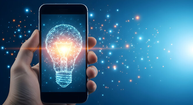 Hand holding a smartphone displaying a glowing light bulb with a network connection representing innovation technology ideas and digital solutions against a bright blue background with sparkling light