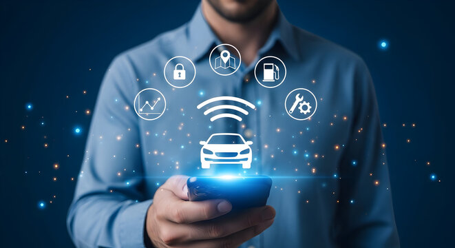 Man uses a smartphone app for connected car services showcasing features like remote locking location tracking fuel monitoring maintenance scheduling and performance analytics for modern vehicle manag