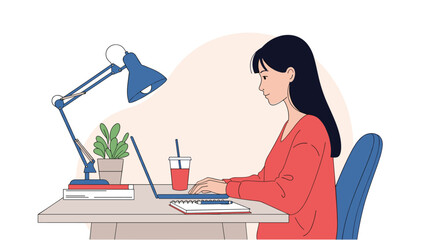 Young woman working on a laptop at a desk with a desk lamp and a plant.