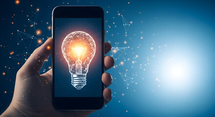 Hand holding smartphone displaying a glowing lightbulb with network connections symbolizing innovation and technology solutions for business and creative ideas on a blue background