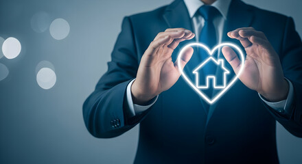 Man in a suit protects a glowing house inside a heart shape representing home insurance and real estate investment with care and security for family and property ownership