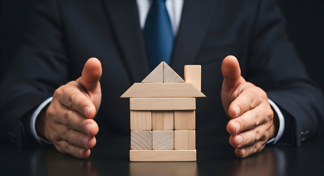 Businessman protects wooden block house symbolizing real estate investment and home security with hands showcasing property insurance and financial planning for the future