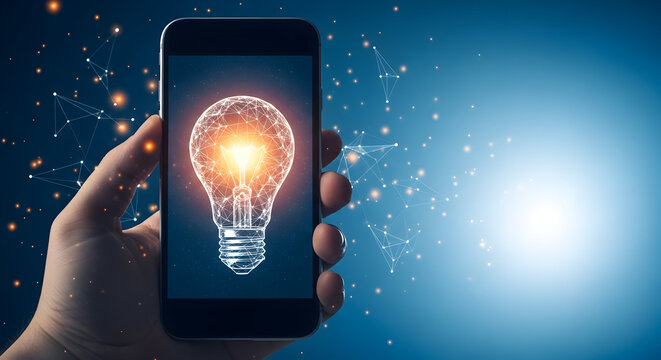 Hand holding smartphone displaying a glowing lightbulb with network connections symbolizing innovation and technology solutions for business and creative ideas on a blue background