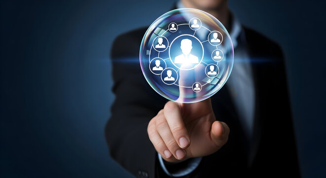 Businessman touching a social network bubble representing global connections and digital networking showcasing technology and communication in a modern business environment for collaboration - Powered by Adobe