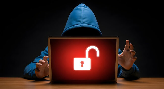 Hooded hacker using a laptop with an unlocked padlock symbol on the screen representing cybersecurity threats and data breaches in a digital world highlighting the risk of online vulnerability