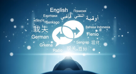 Translation concept featuring languages like English German and Bahasa Indonesia with a communication icon showcasing global connection and understanding in a digital space