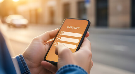Person using a carpool app on a smartphone for ride sharing and transportation in an urban setting showcasing mobile technology and the convenience of digital carpooling services
