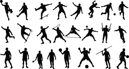 Silhouette illustration of diverse athletes performing various sports actions, showcasing dynamic movement, active poses, competitive energy, physical fitness