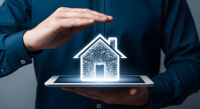 Man protects digital house icon on tablet showcasing smart home technology and cybersecurity for real estate insurance and future living with innovative solutions and modern design