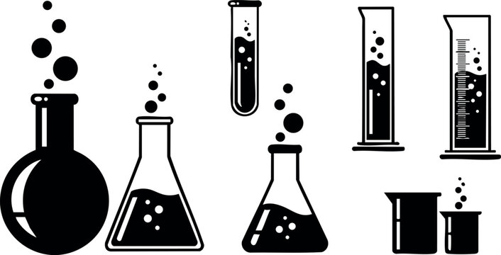Laboratory glassware chemical flasks test tubes vector illustration black and white set