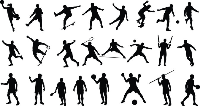 Silhouette illustration of diverse athletes performing various sports actions, showcasing dynamic movement, active poses, competitive energy, physical fitness