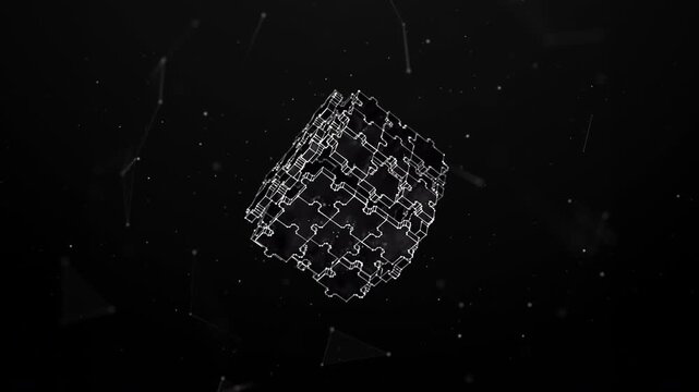 Lowpoly Jigsaw Puzzle Pieces Forming a Cube Spinning on the Corner in the Center. Problem solving, synergy partnership, business solution animated looped concept by wireframe mesh on black background