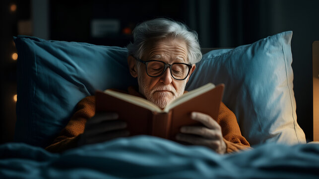 Cozy night reading for relaxation, an elderly man enjoys his book in bed, finding peace and comfort before sleep, promoting restful sleep and healthy habits