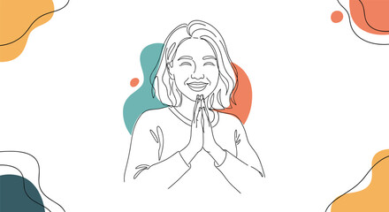 A simple line drawing of a smiling woman with her hands pressed together in front of her chest.