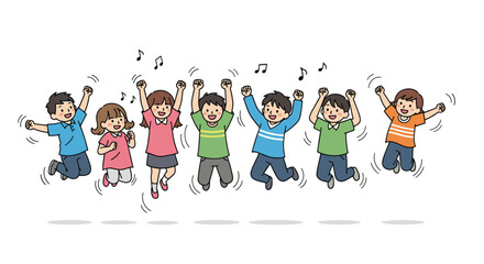 Fototapeta premium A group of happy children jumping and singing with musical notes above them.