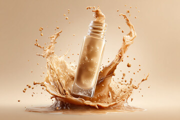 A clear bottle of liquid foundation surrounded by an artistic splash of beige cosmetic liquid on a soft neutral background showcasing beauty product dynamism