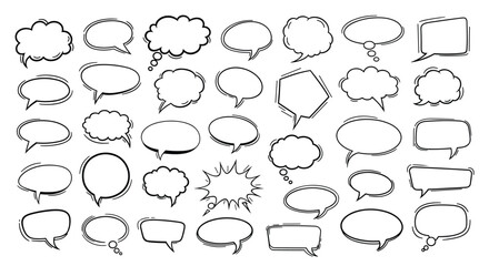 A collection of hand-drawn speech and thought bubbles in various shapes and styles.