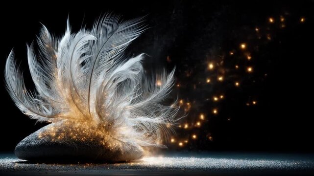 A white, feathery plume rests on a dark stone, shimmering with golden light against a black backdrop