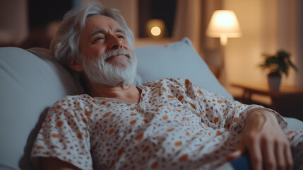 Senior man relaxing on sofa, enjoying peaceful evening at home, reflecting on life's journey with a gentle smile, finding contentment in the quiet moments