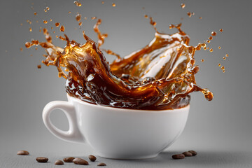 Dynamic coffee splash from a white ceramic cup with scattered beans on a gray background
