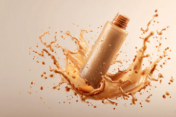 Liquid cosmetic bottle in a dynamic beige fluid splash creating an elegant motion