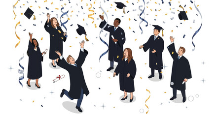 Celebrate academic achievements with graduating students joyfully tossing mortarboards in the air among falling confetti and ribbons on white background